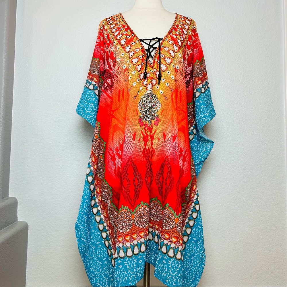 Ashley Taylor Orange/Blue/Multi Color Sequin Tunic Beach Cover Up One Size NWT